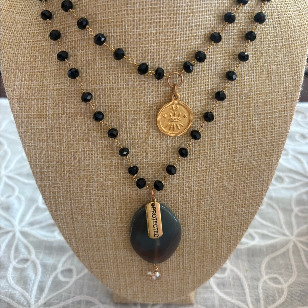 “Protected” Black and Gold Rosary Style Necklace + Evil Eye Coin + Agate Pendant
